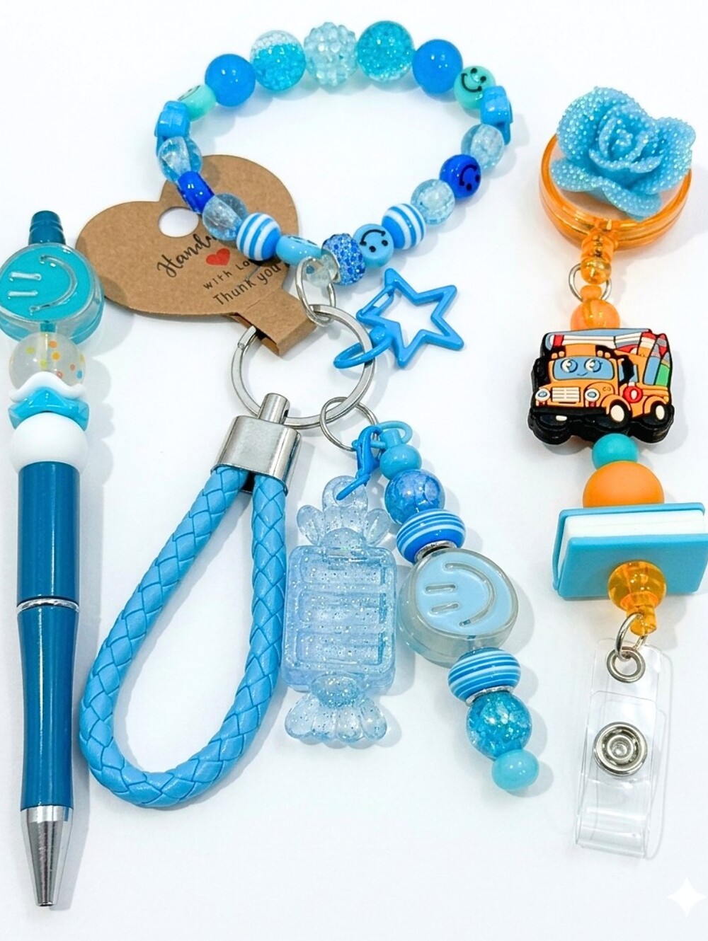 Handcrafted Blue Beaded Smiley Face Pen, Keychain Charm, & Teacher ID Badge Reel